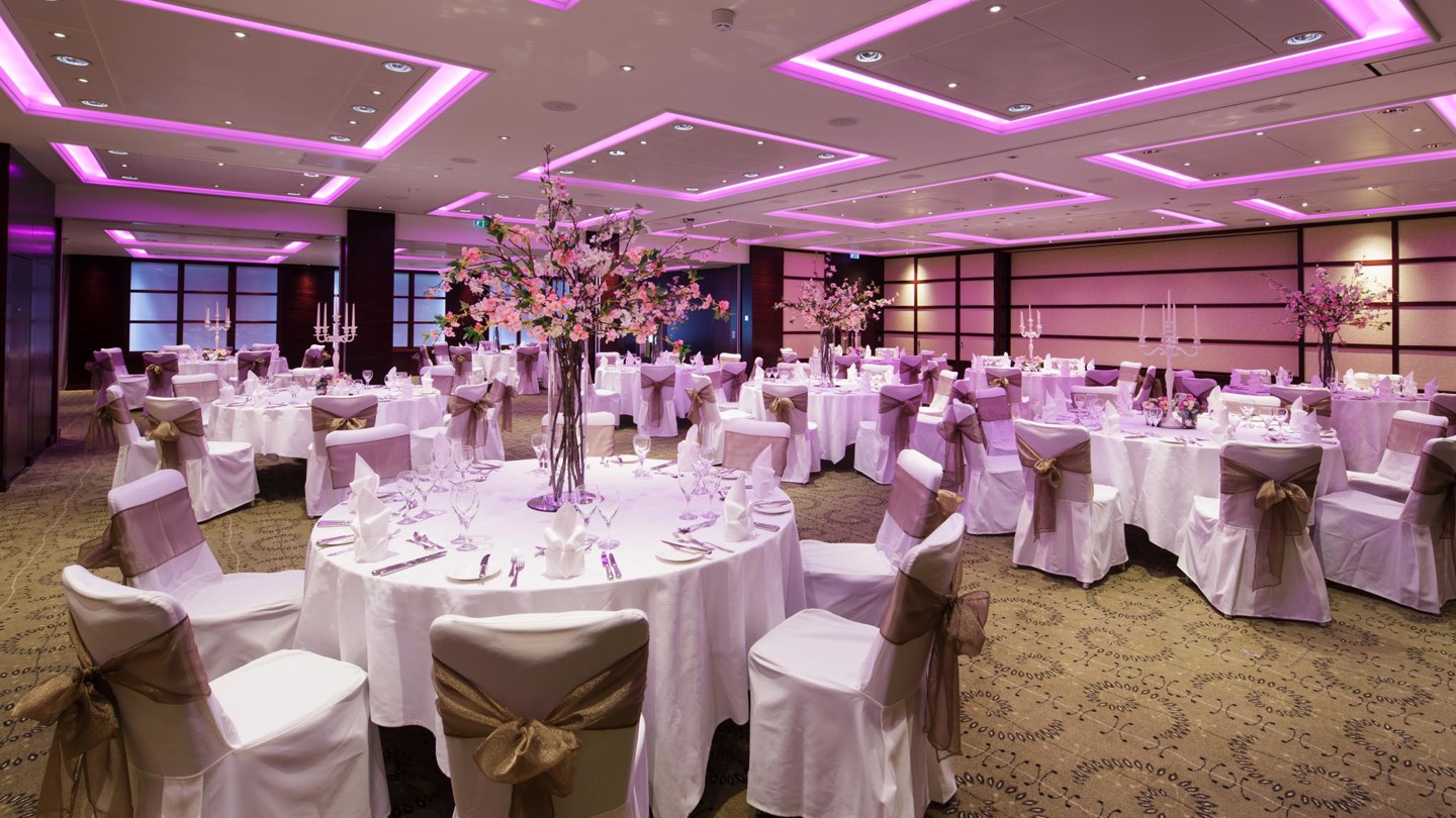 Wedding tables set up in the Golden Apple Suite