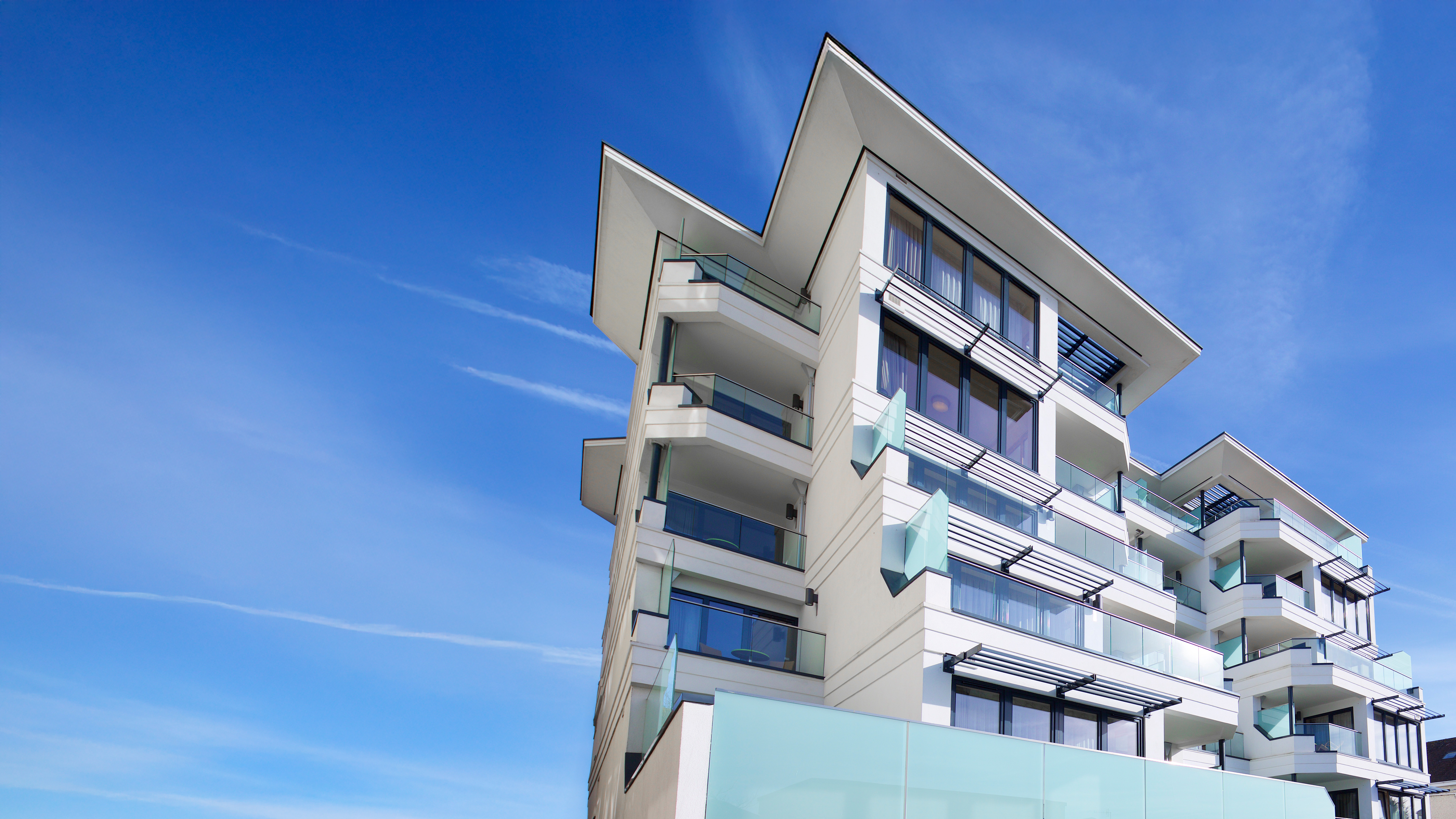 External front view of the Merton Suites showing the balconies. 