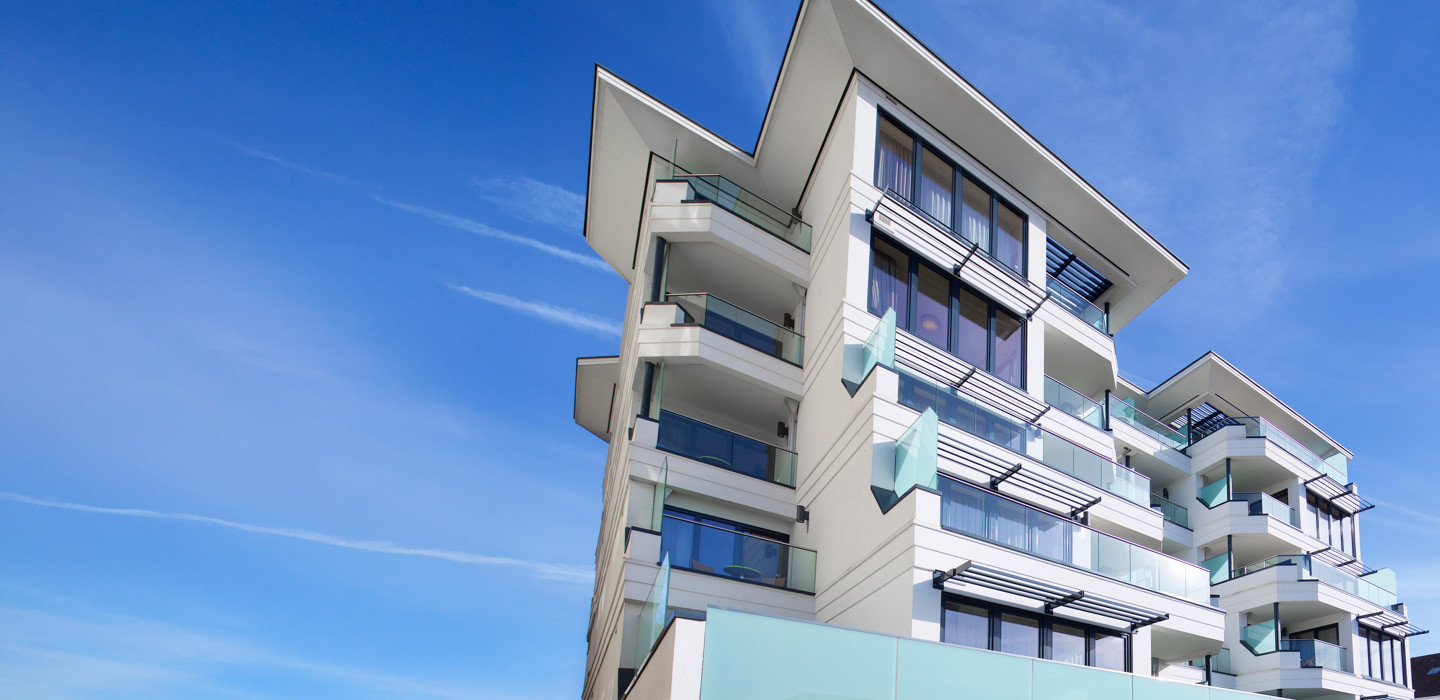 External front view of the Merton Suites showing the balconies.